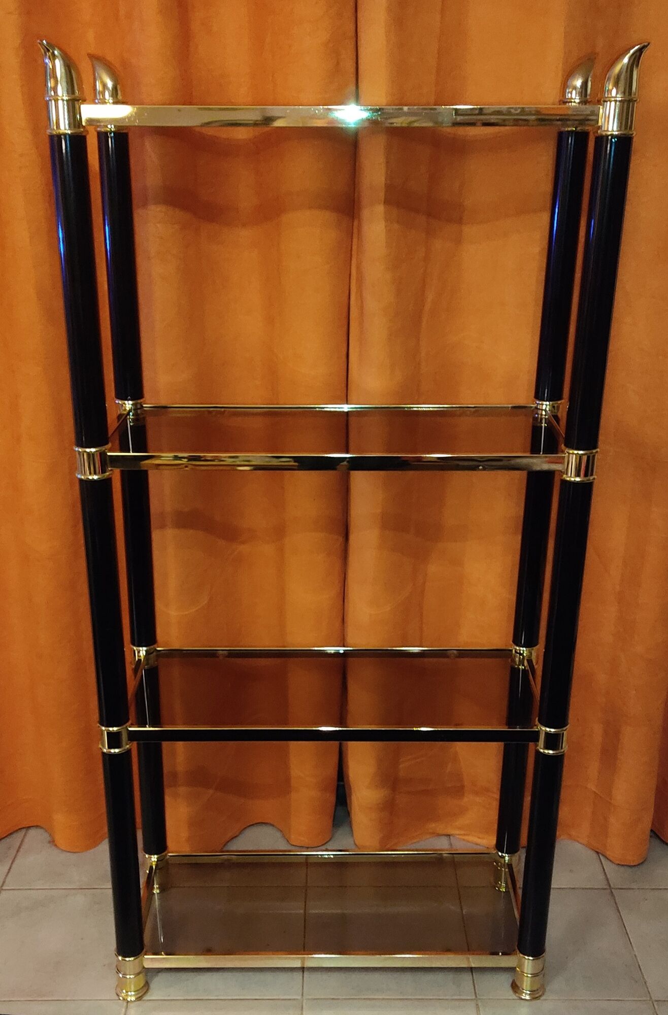 Shelf, Chinese, black and gold metal, smoked glass