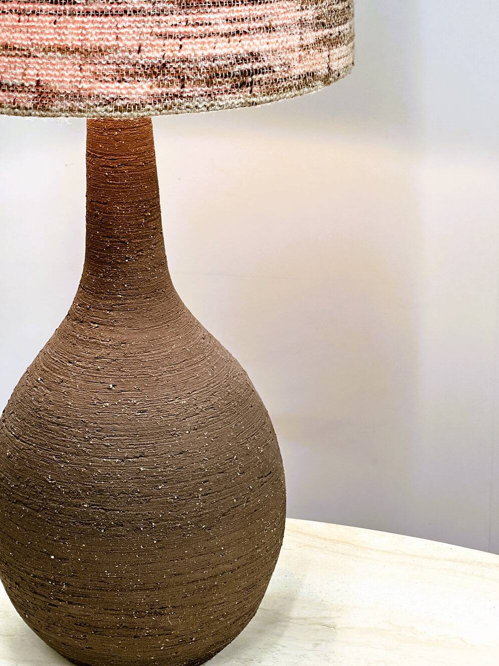Vintage XL ceramic floor lamp with textured wool shade, 1970s. France