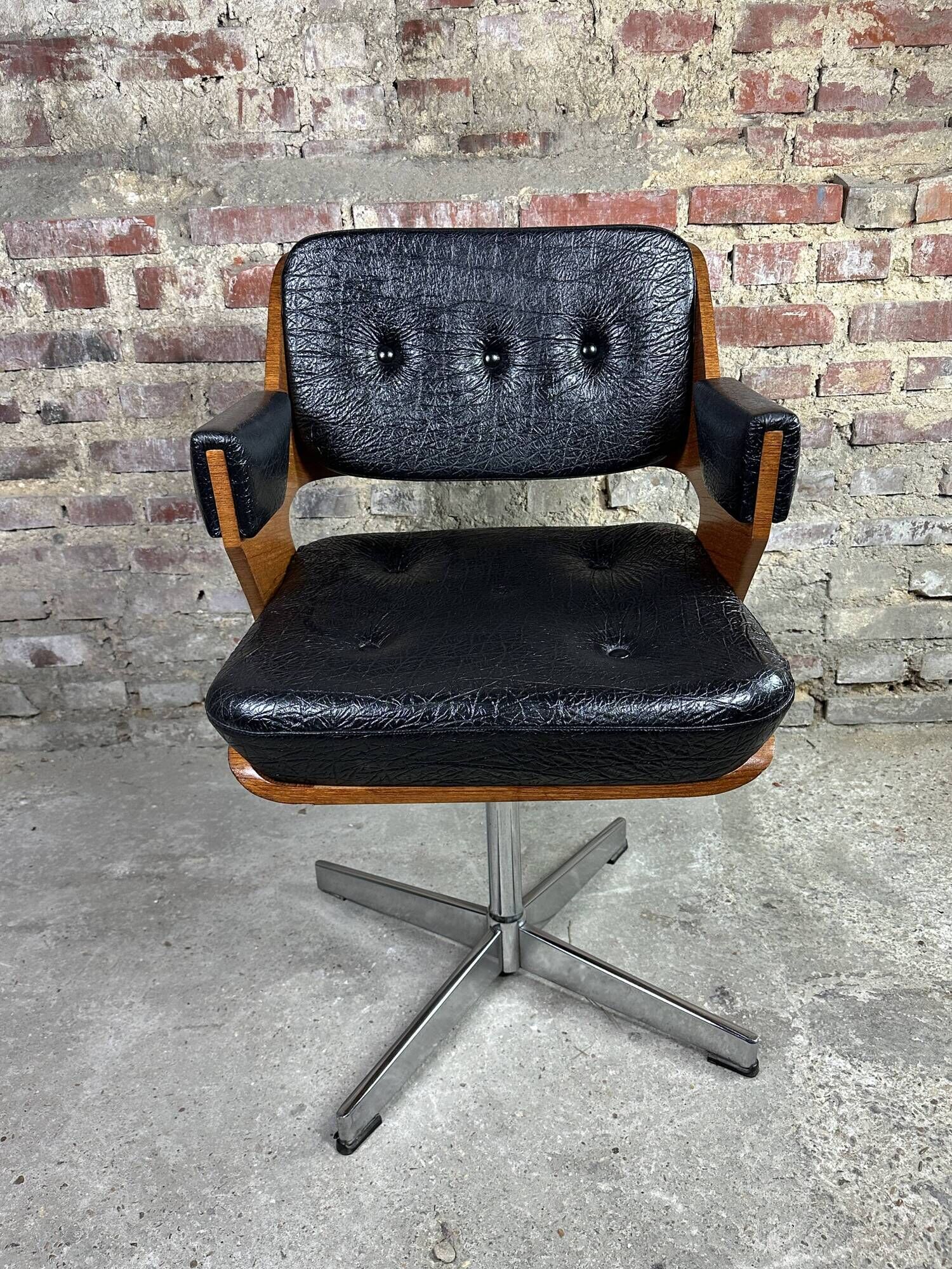 Martin Stoll vintage 1960 swivel armchair in wood and imitation