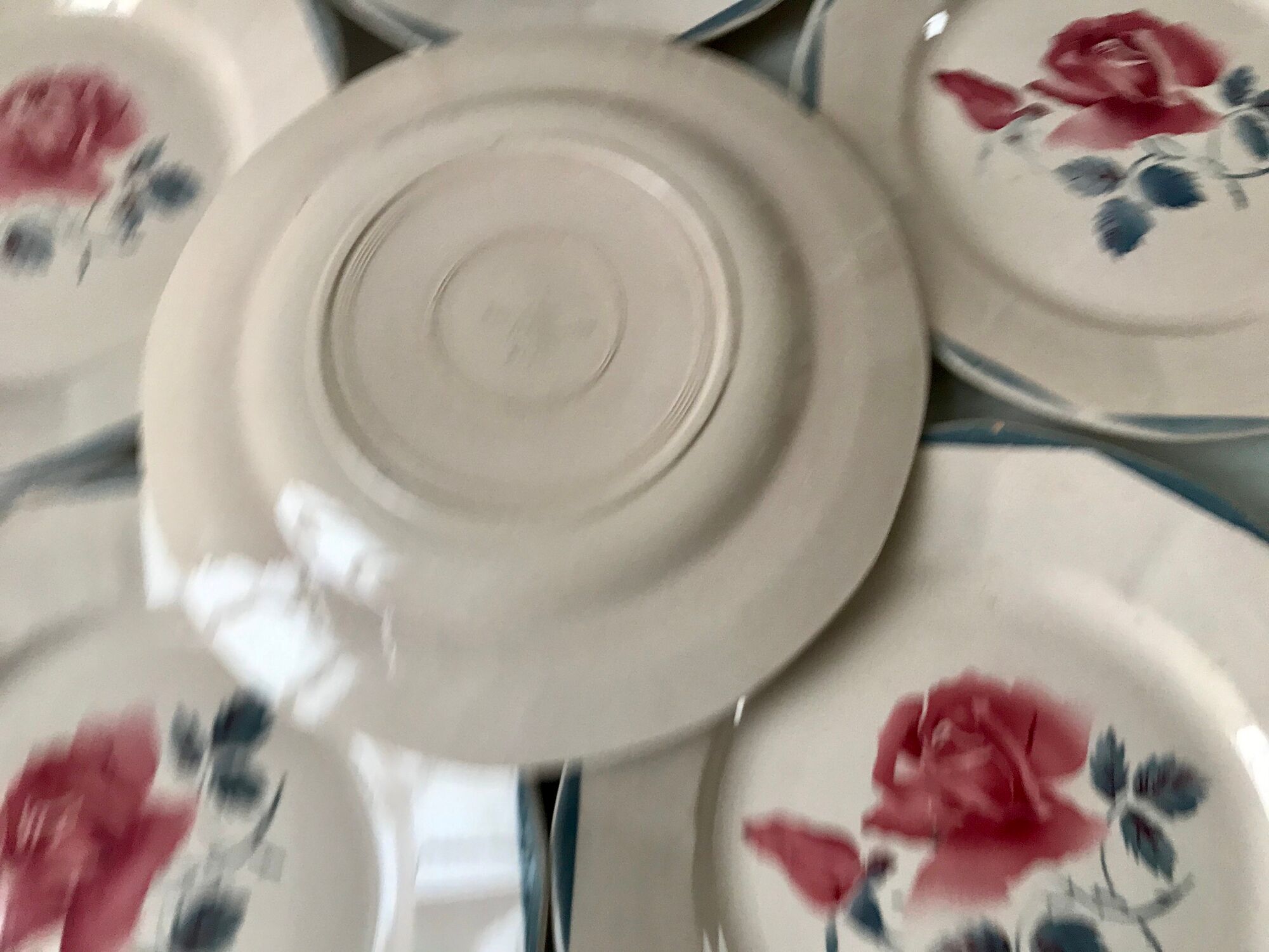 Set of 6 flat plates digoin sarreguemines pink and blue flowers 40s