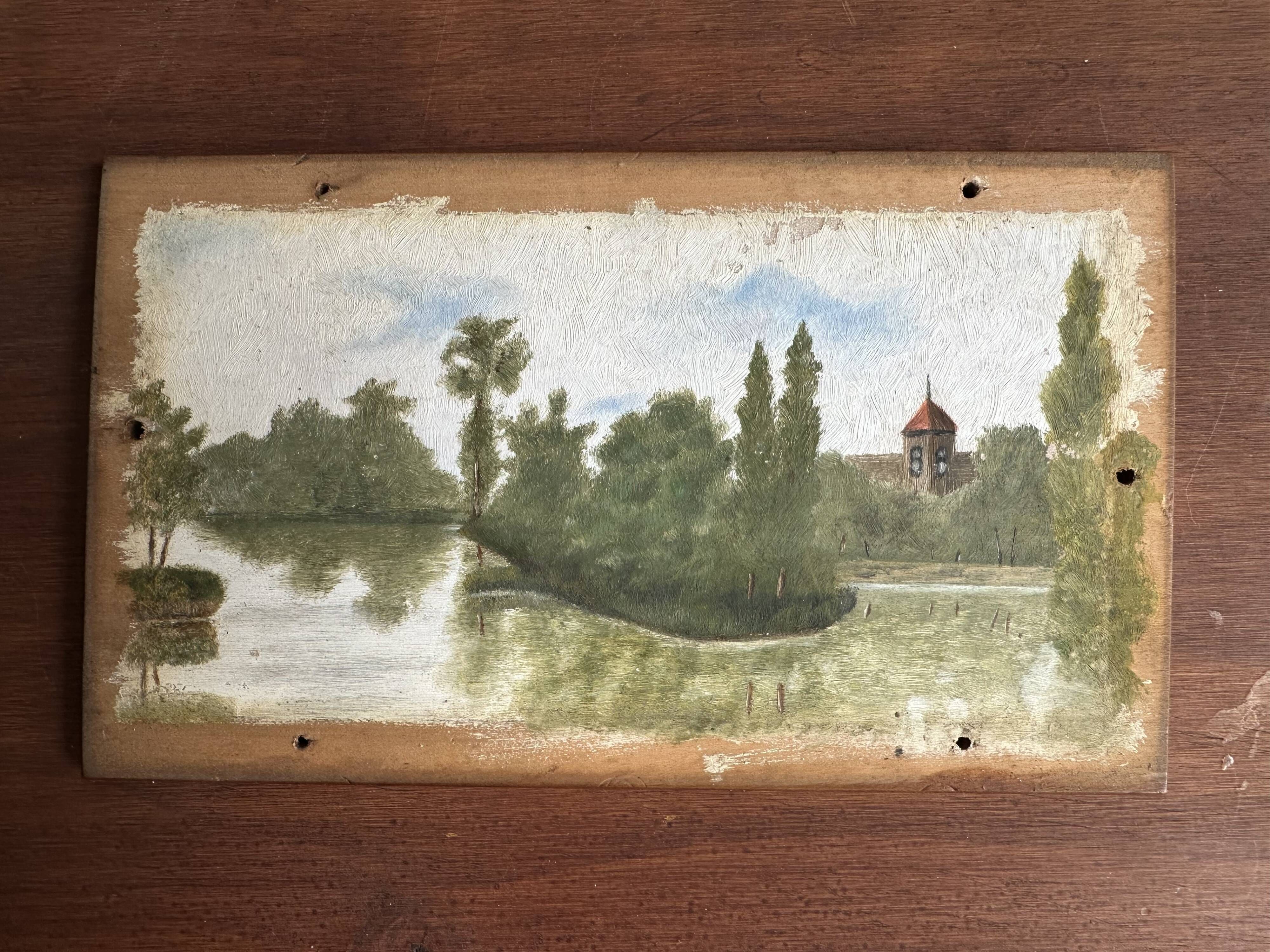 Antique miniature plateau, oil painting, turned wood and brass.