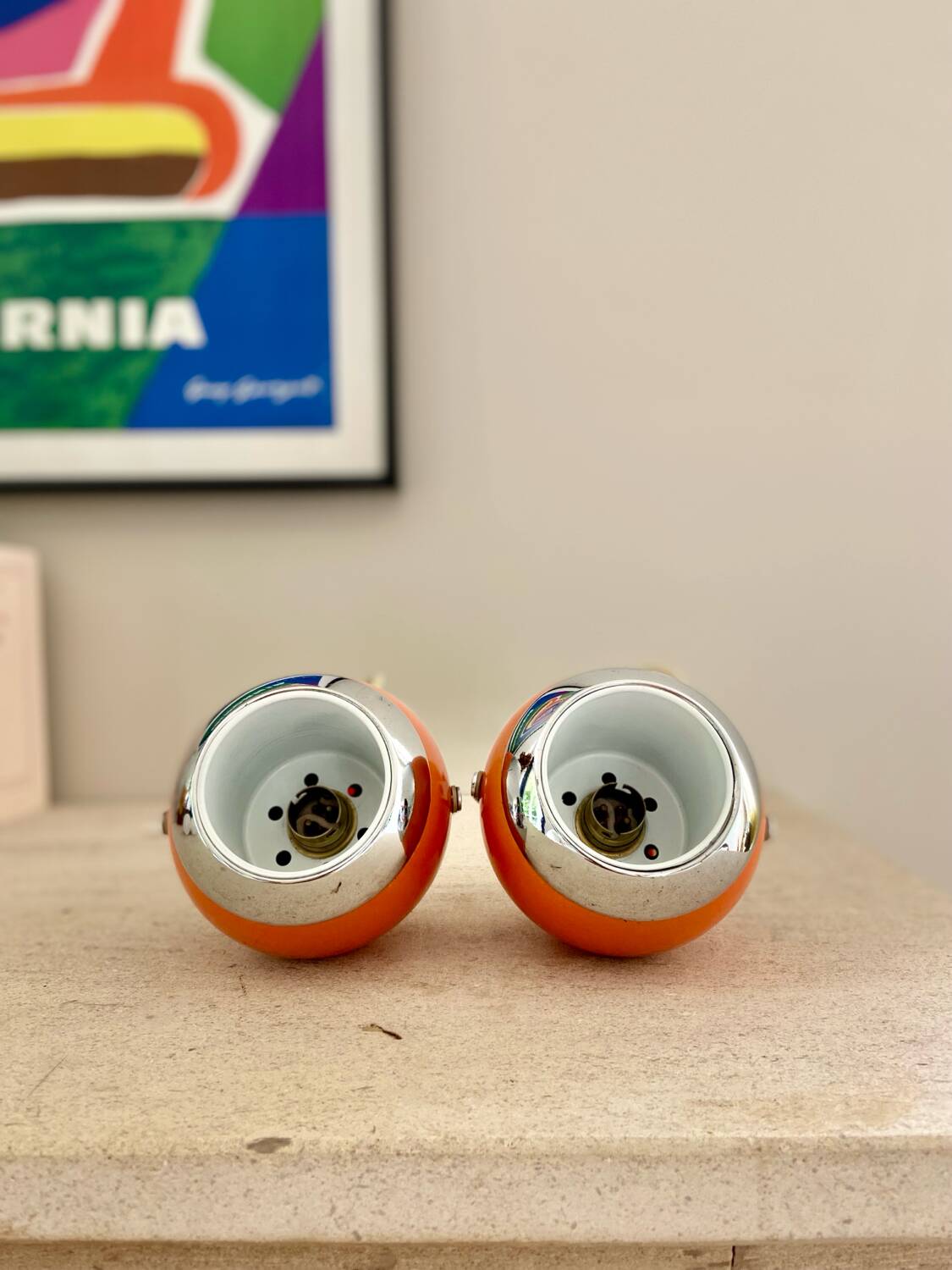 Pair of bright orange "Eye-Ball" wall lights - 1970.