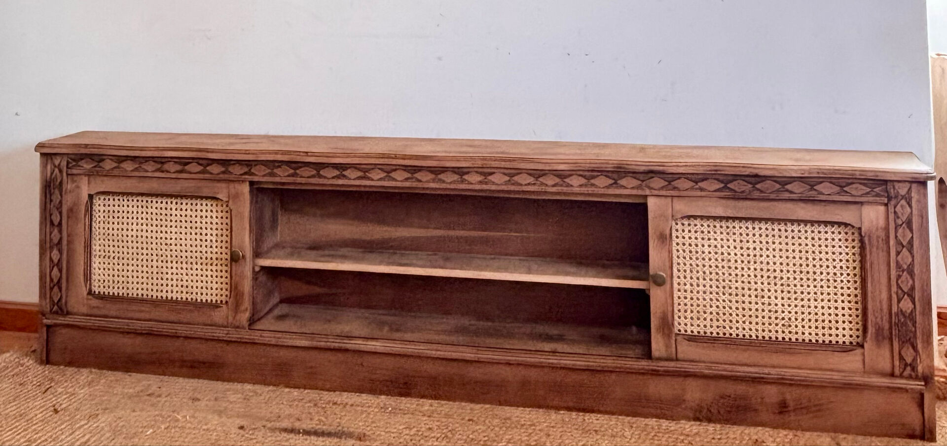 Vintage oak sideboard TV unit with raw finish and caning.