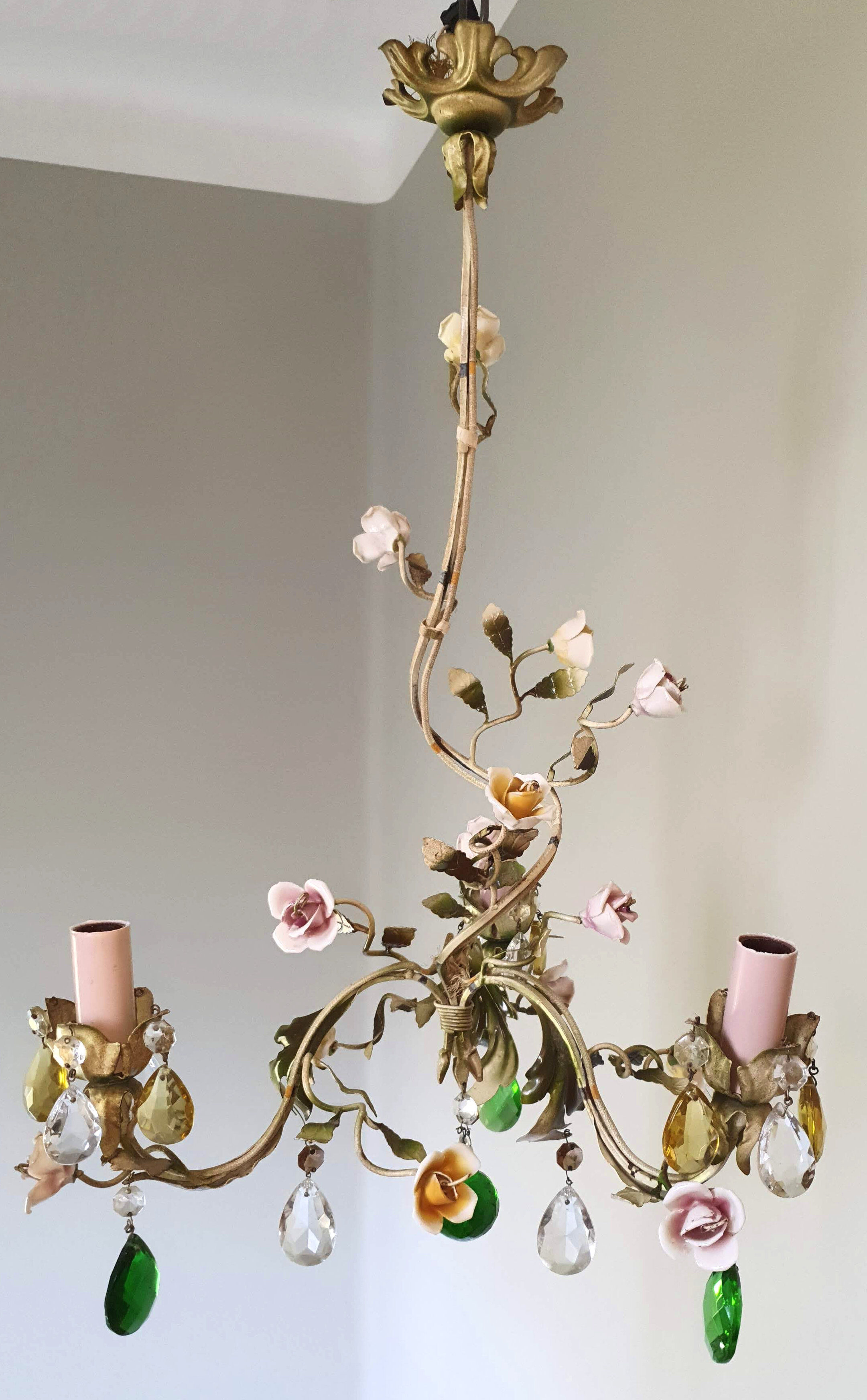 Painted metal chandelier and porcelain flowers