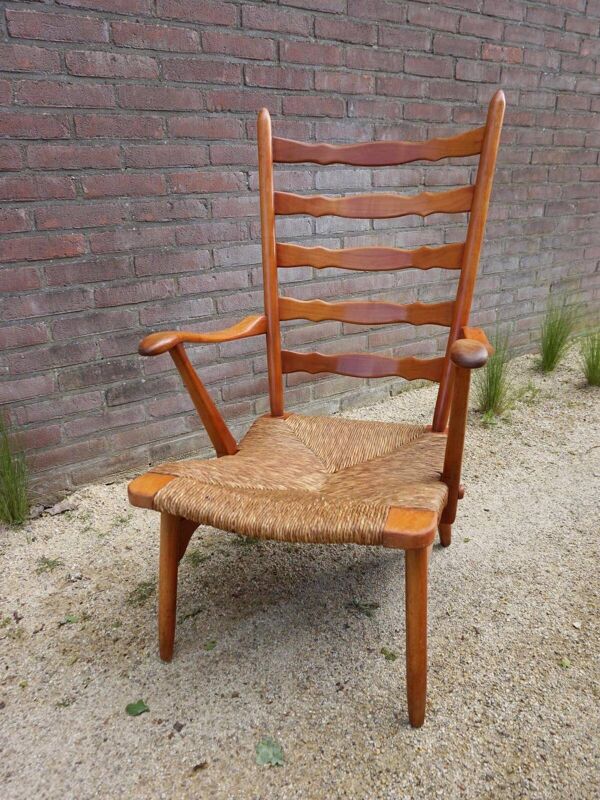 Fauteuil à dossier haut en osier des années 50 néerlandais par De Ster Gelderland