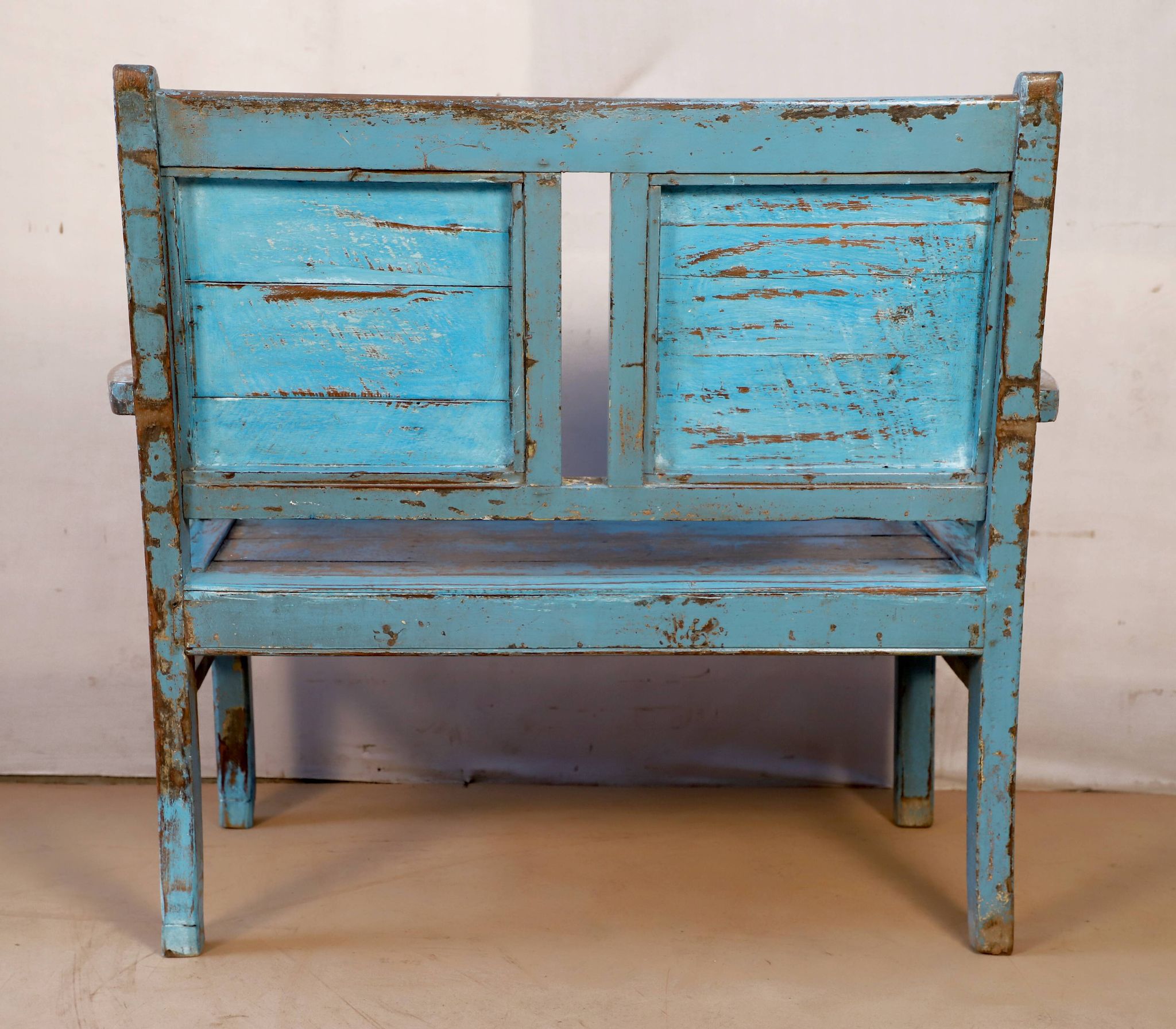 Old 2-seater Burmese teak bench with original blue patina