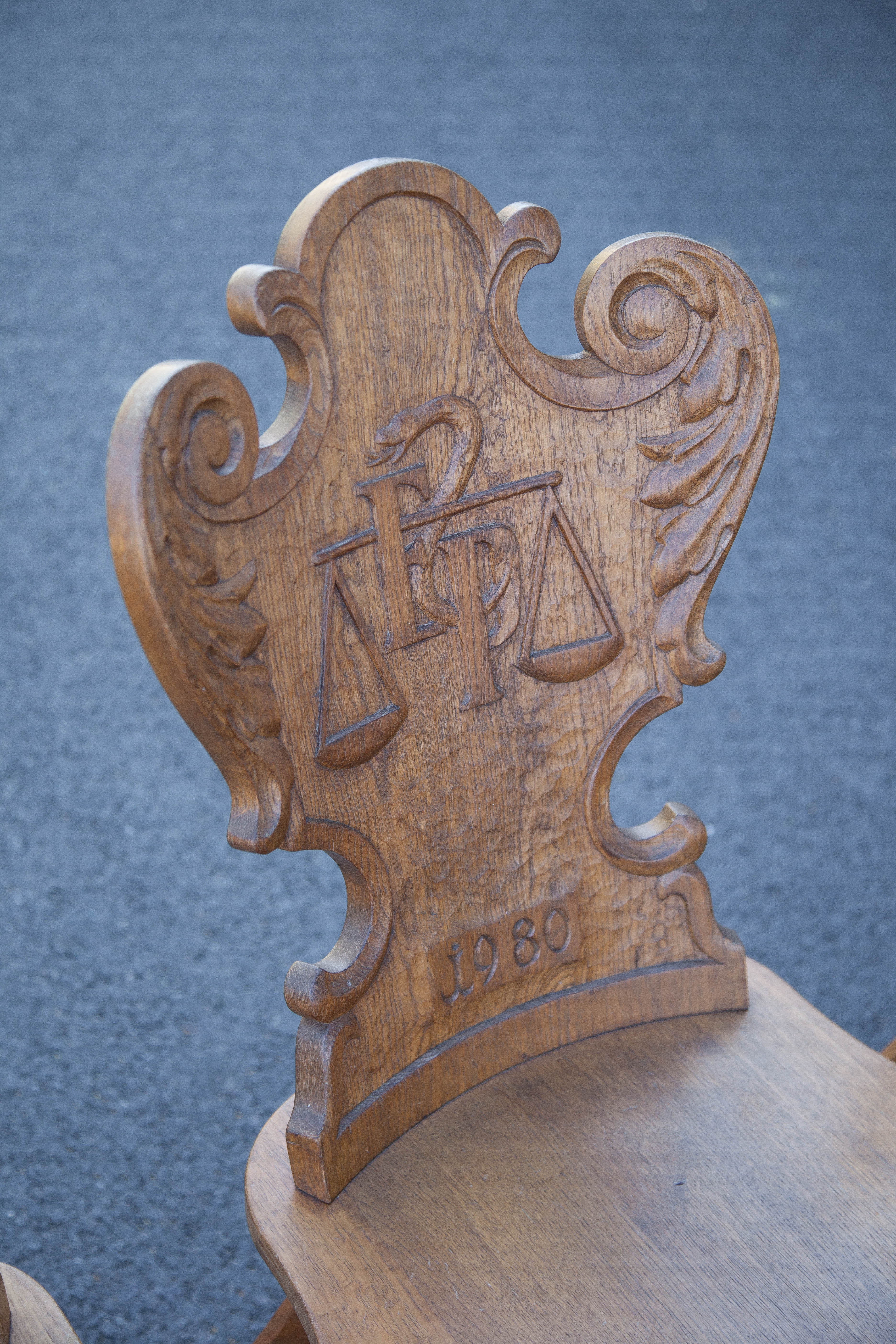 Set of 4 carved wooden stepladder chairs, pharmacy, brutalist, mountain style