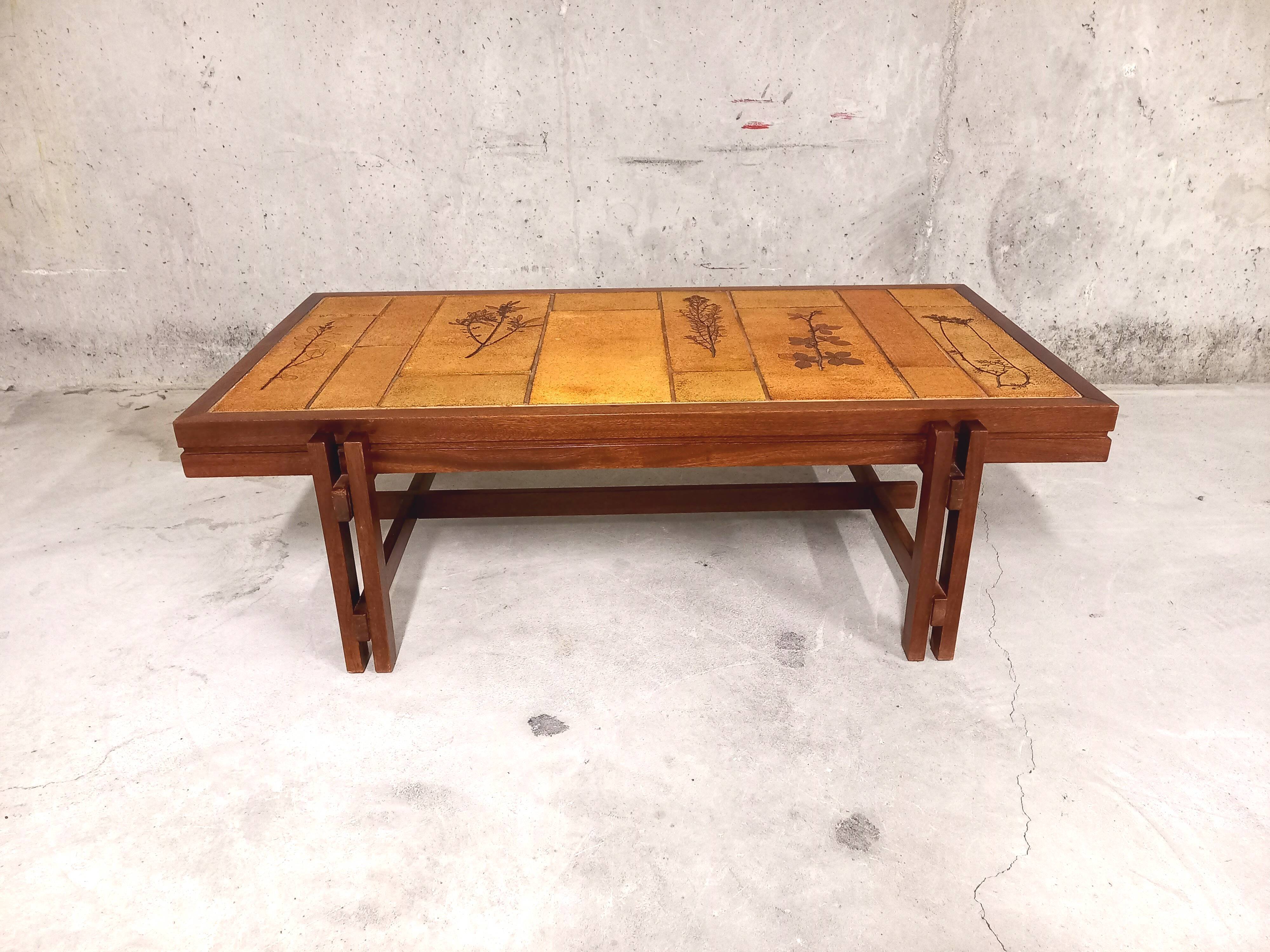 Vintage coffee table in wood and ceramics of Vallauris 60s 70s