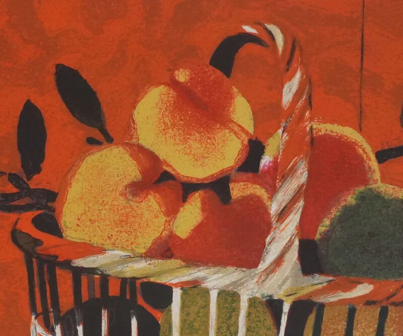Yves Ganne : Le panier de pêches, lithographie originale signée