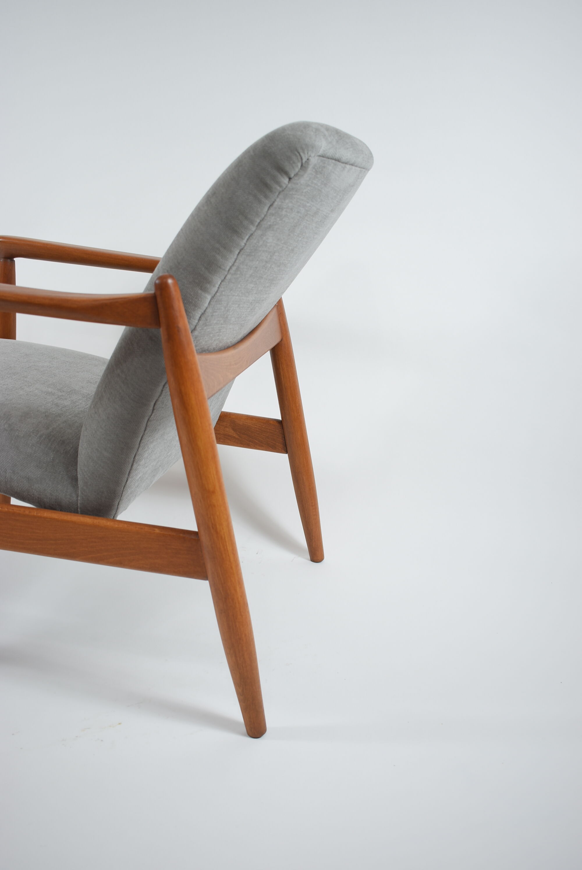 Original restored vintage armchair, designer E. Homma, grey fabric