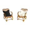Paire de fauteuils vintage en rotin avec peaux