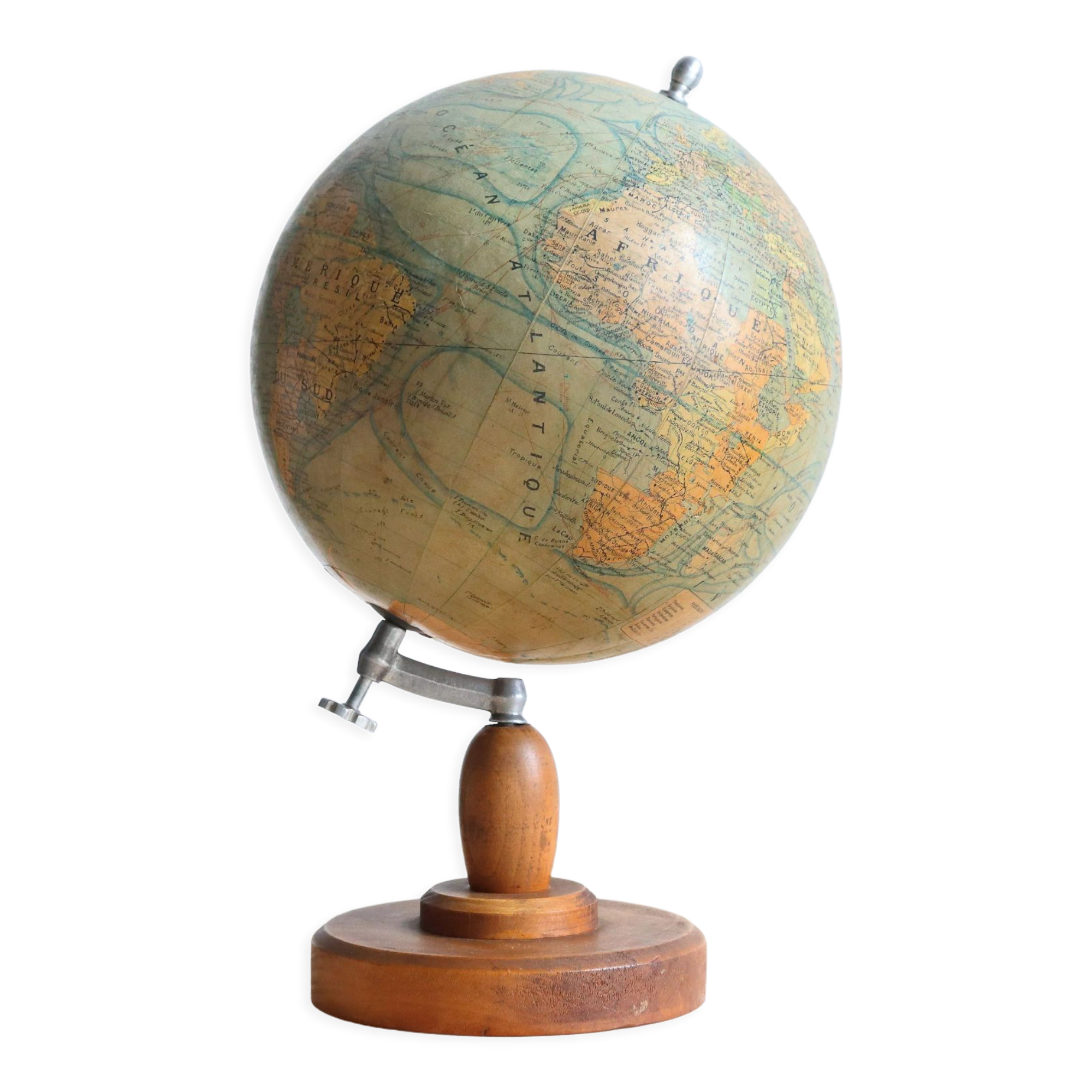 Globe world map J. Forest for Girard Barrère and Thomas on wooden base, 50s