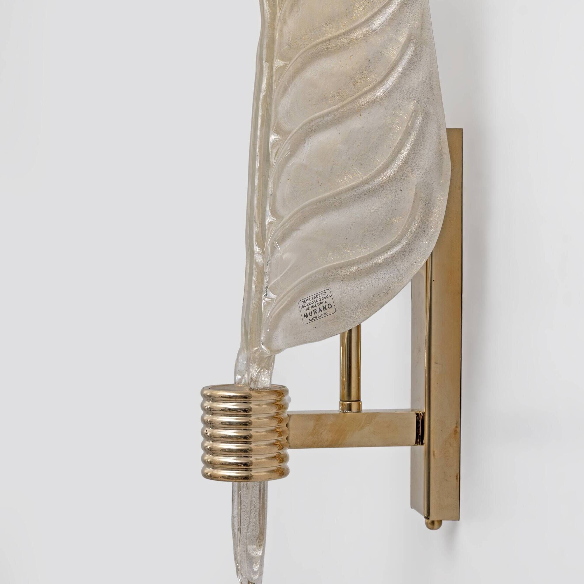 Pair of Murano Glass Leaf Wall Sconces with Gold Powder and Brass, Italy