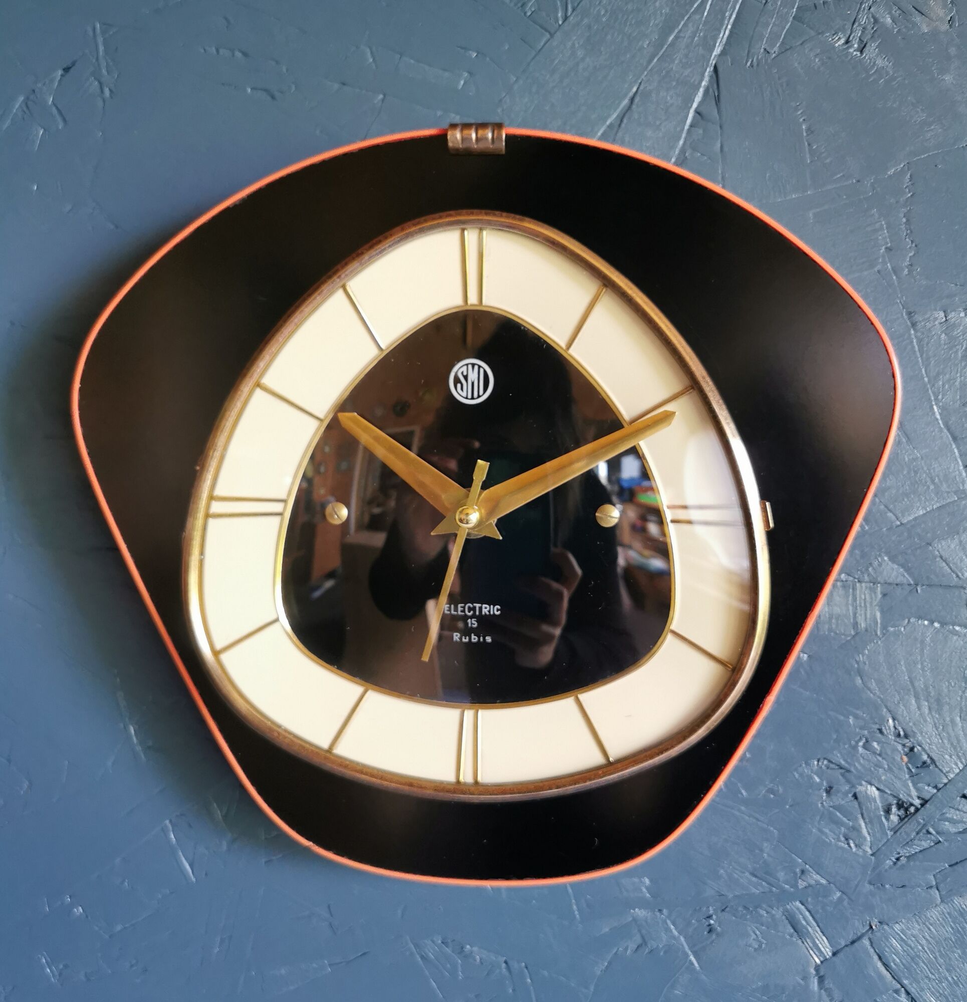 Horloge formica vintage pendule murale silencieuse "SMI noir orange"
