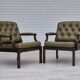 Fauteuil scandinave, état d'origine, meuble en cuir vert, bois de teck massif, années 1970