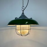 Industrial Green Enamel Factory Cage Pendant Lamp in Cast Iron from Zaos, 1960s