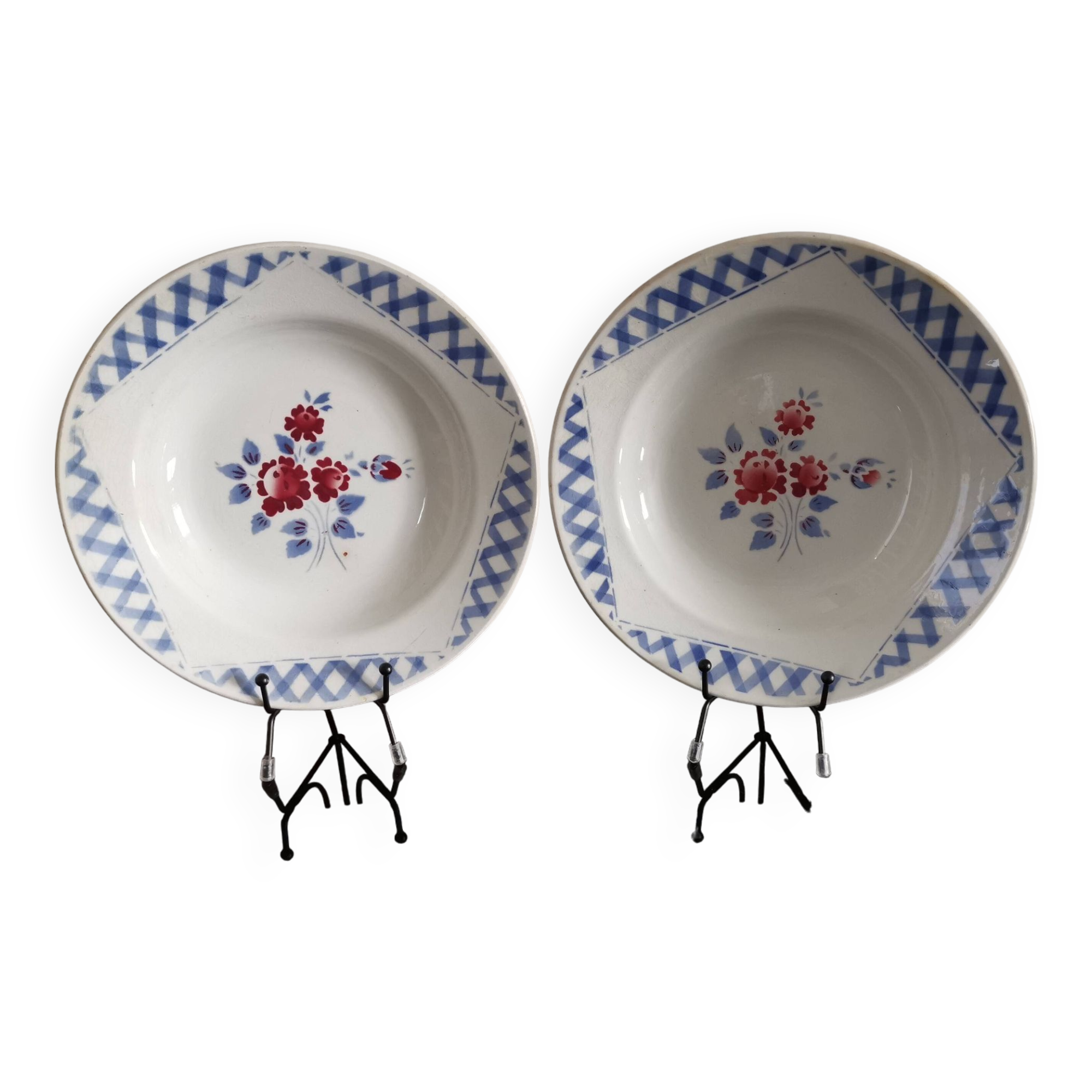 Set of 2 soup plates, Henri model, blue and red flowers Lunéville