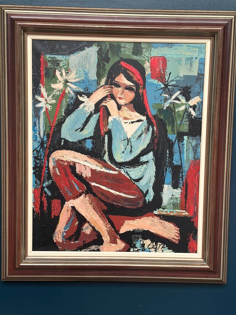 Original Swedish Oil on Canvas - "Portrait of a Young Woman" by M. Costa - Signed - Vintage and Framed - 82.5 × 67.3 cm