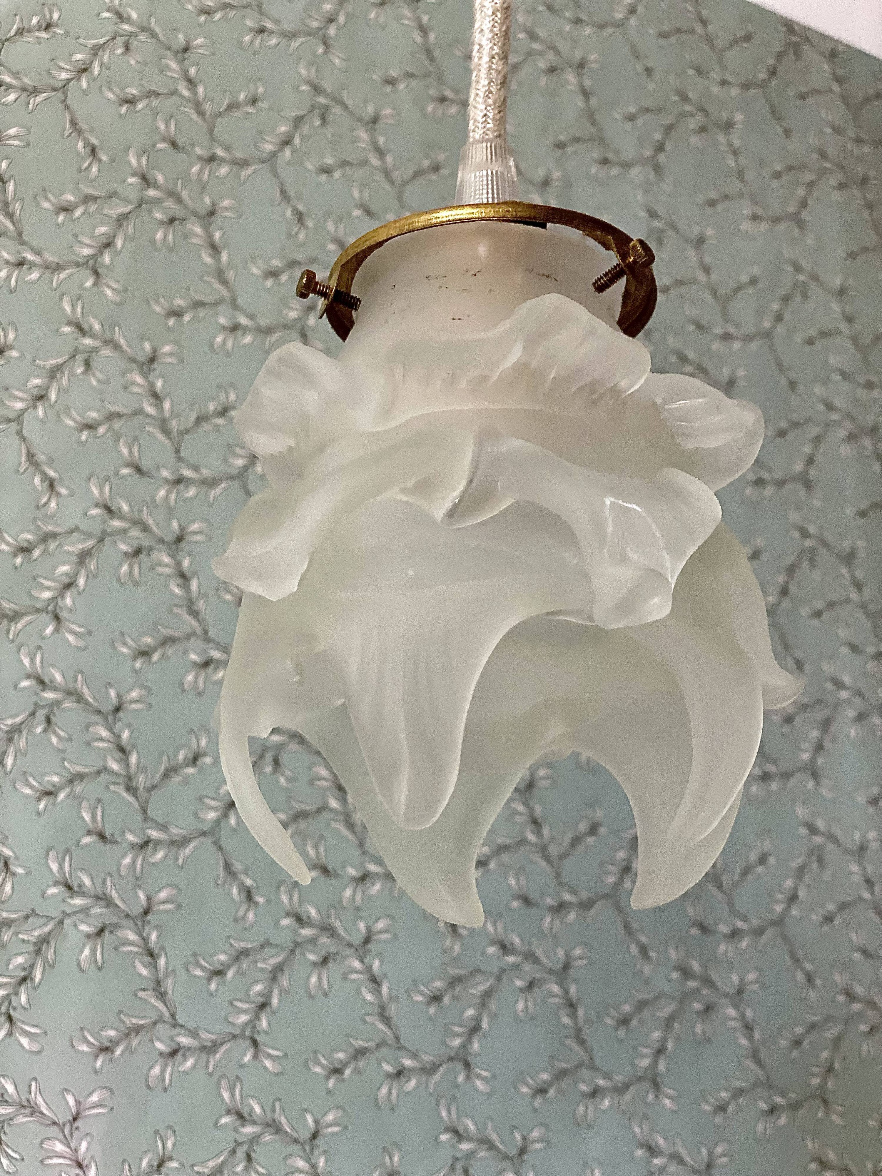 Two vintage Globe flower pendants in frosted glass