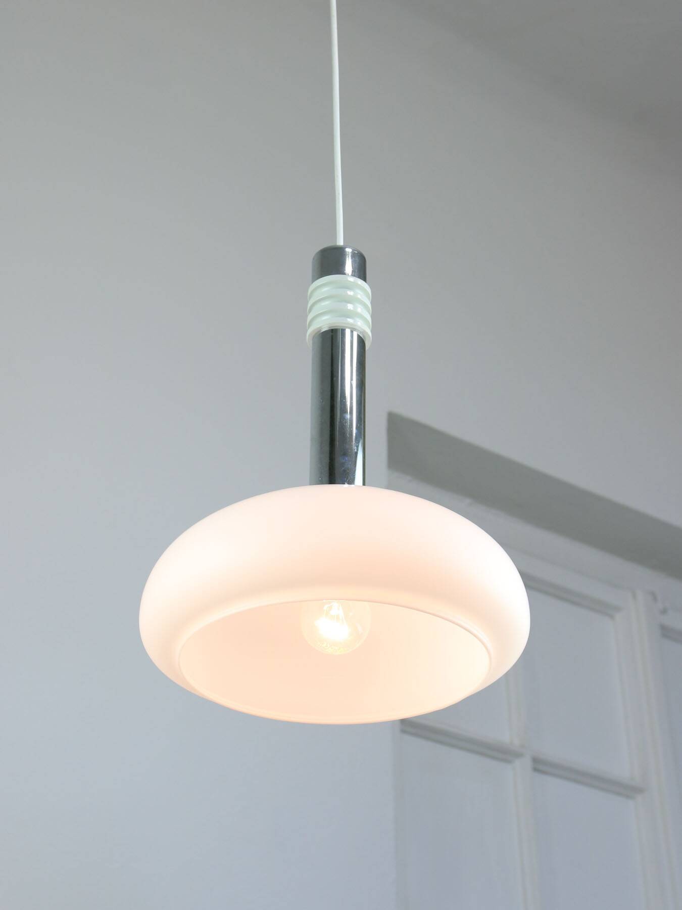 Mid-Century Danish Chrome & Opaline Pendant Lamp, 1960s