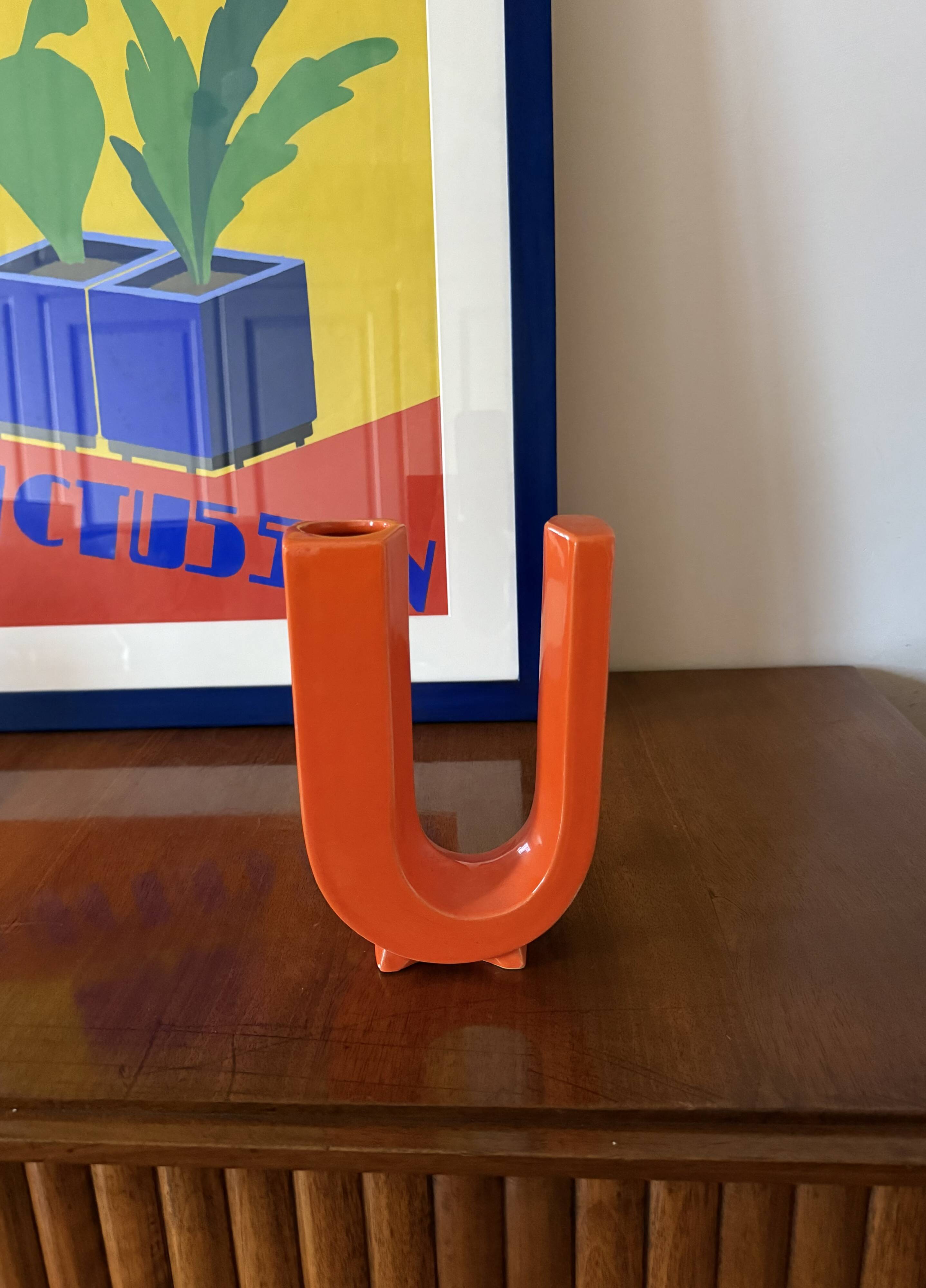 Space age U letter ceramic solifleur vase, Marcel Radureau France 1970