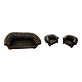 Black leather Chesterfield sofa + pair of armchairs