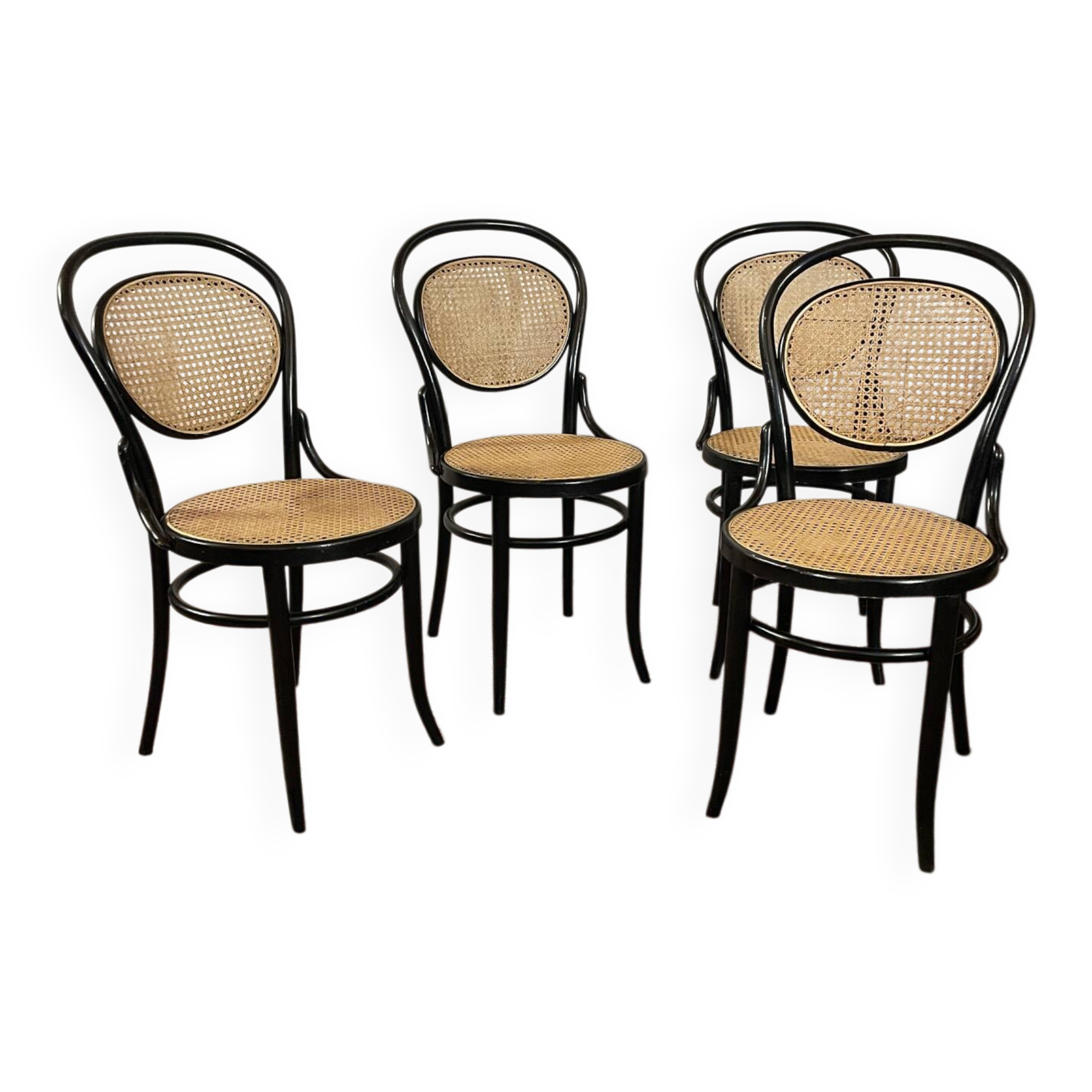 Set of 4 bentwood bistro chairs in black with caning.
