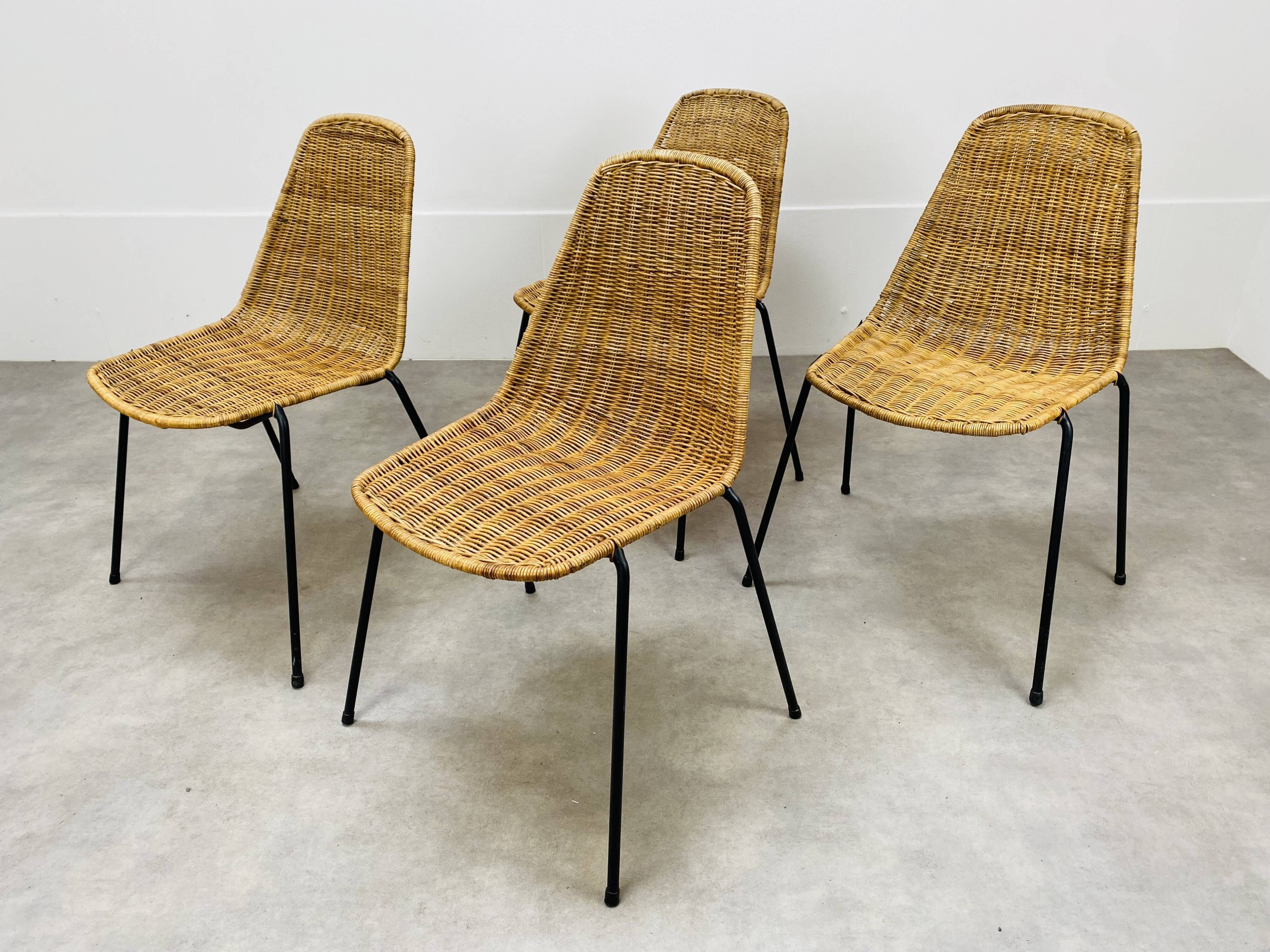 4 chairs Gianfranco Legler model Rattan basketball and metal 50s