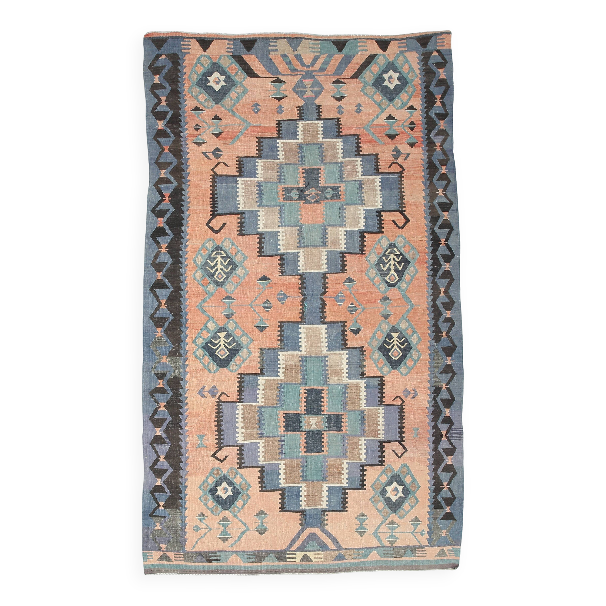 6x10 Peach & Navy Blue Turkish Kilim Rug, 168x296Cm