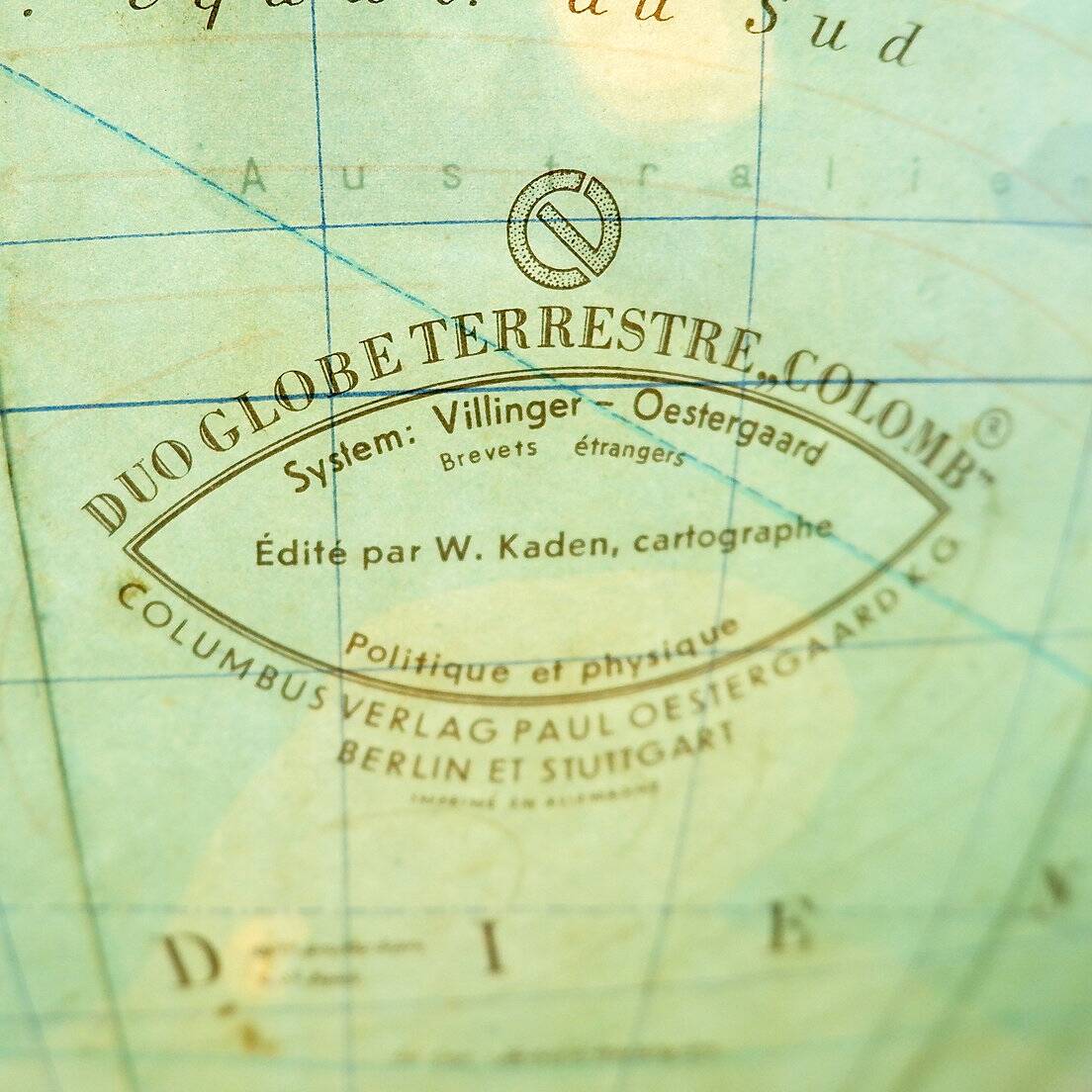 Glass & brass luminous world map by Paul Oestergaard for Colombus Verlag - 1950s