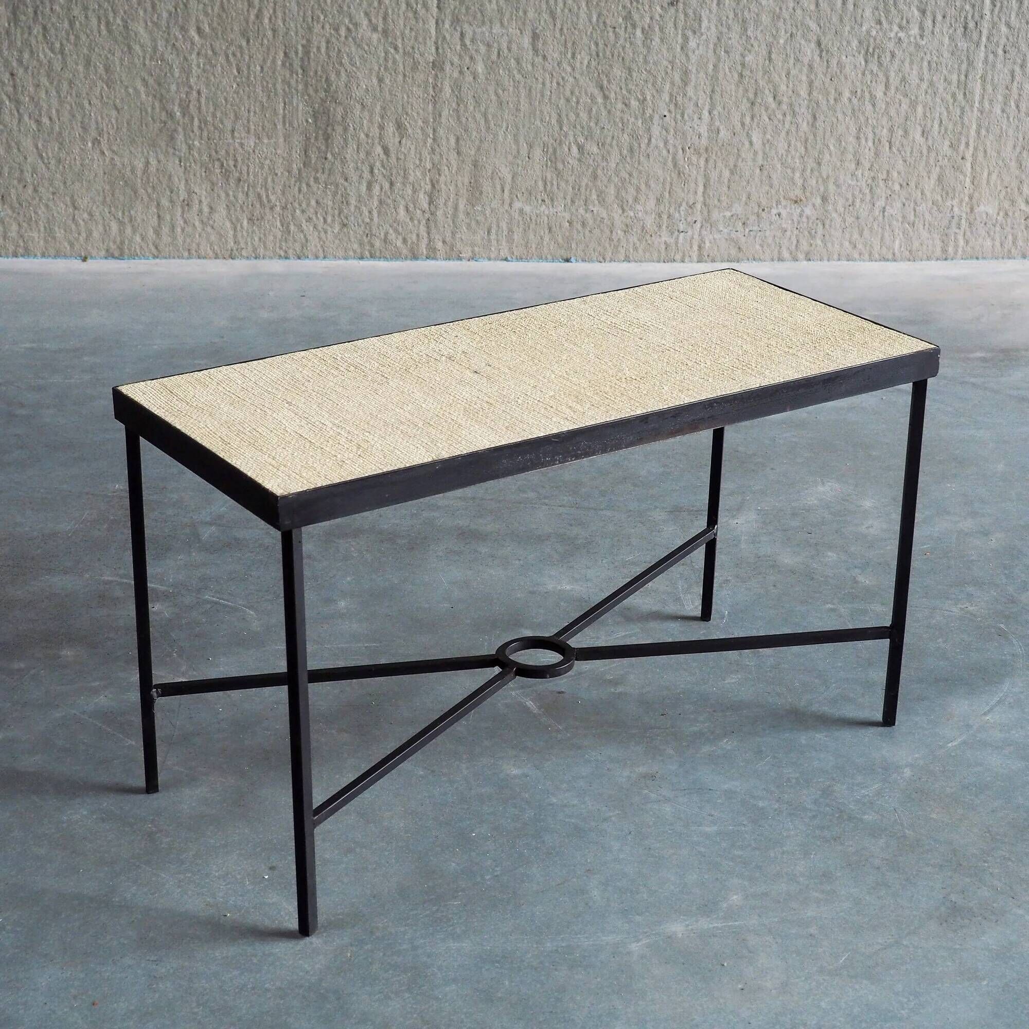 Set of 2 minimalist metal side tables with plaster-fiber tops