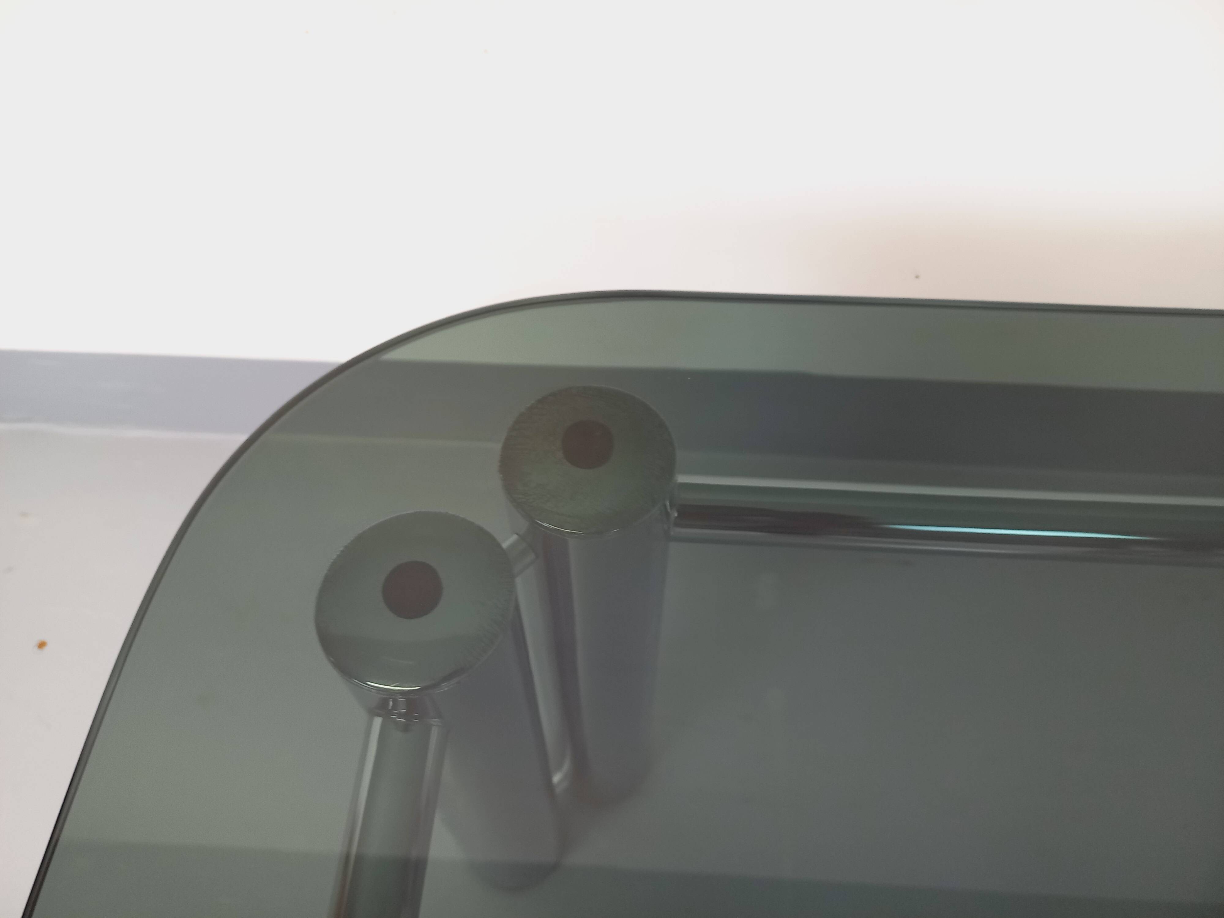 Vintage Italian Space Age square coffee table in smoked glass and chrome metal