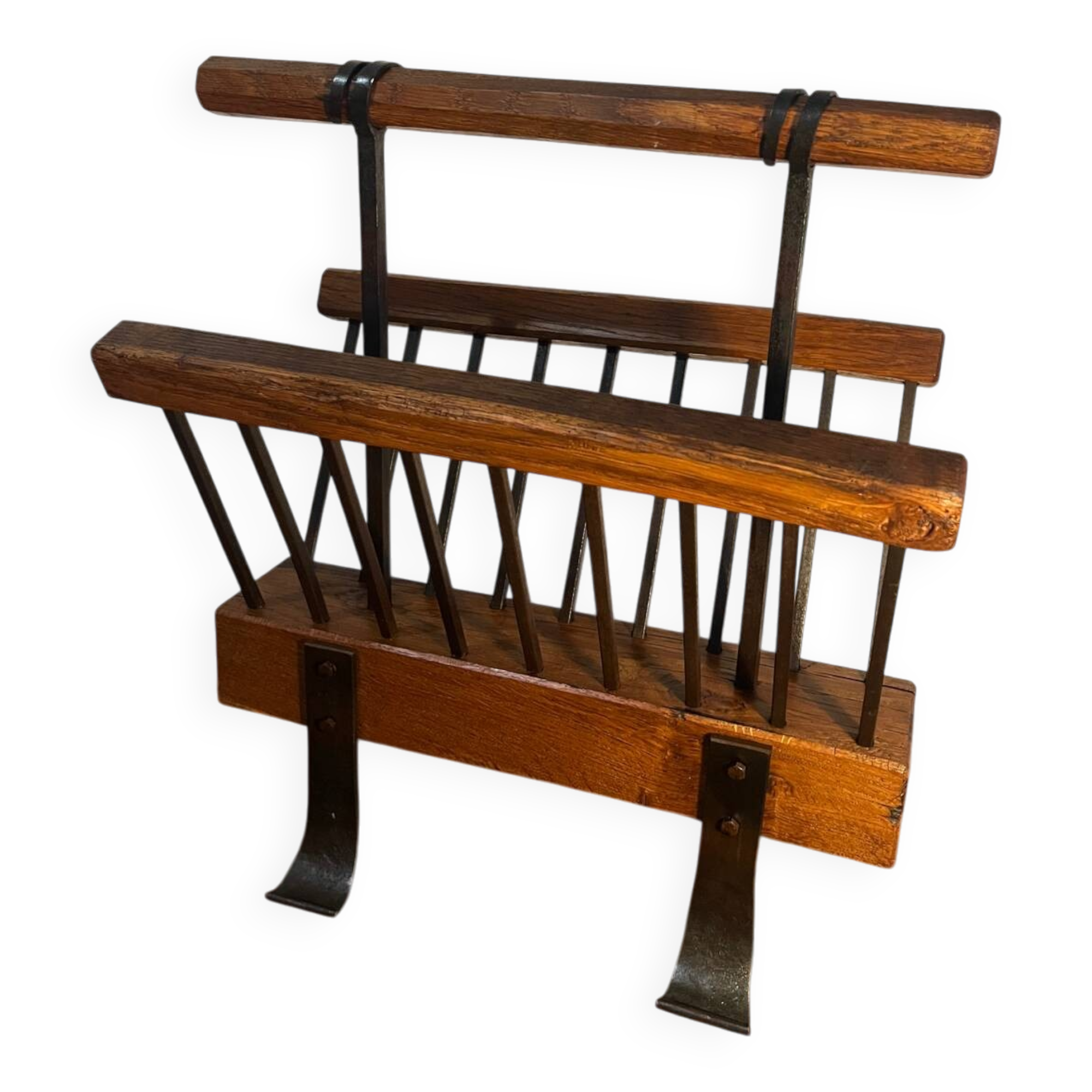 Brutalist magazine rack, solid wood and wrought iron