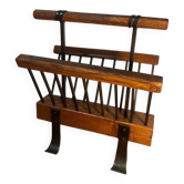 Brutalist magazine rack, solid wood and wrought iron