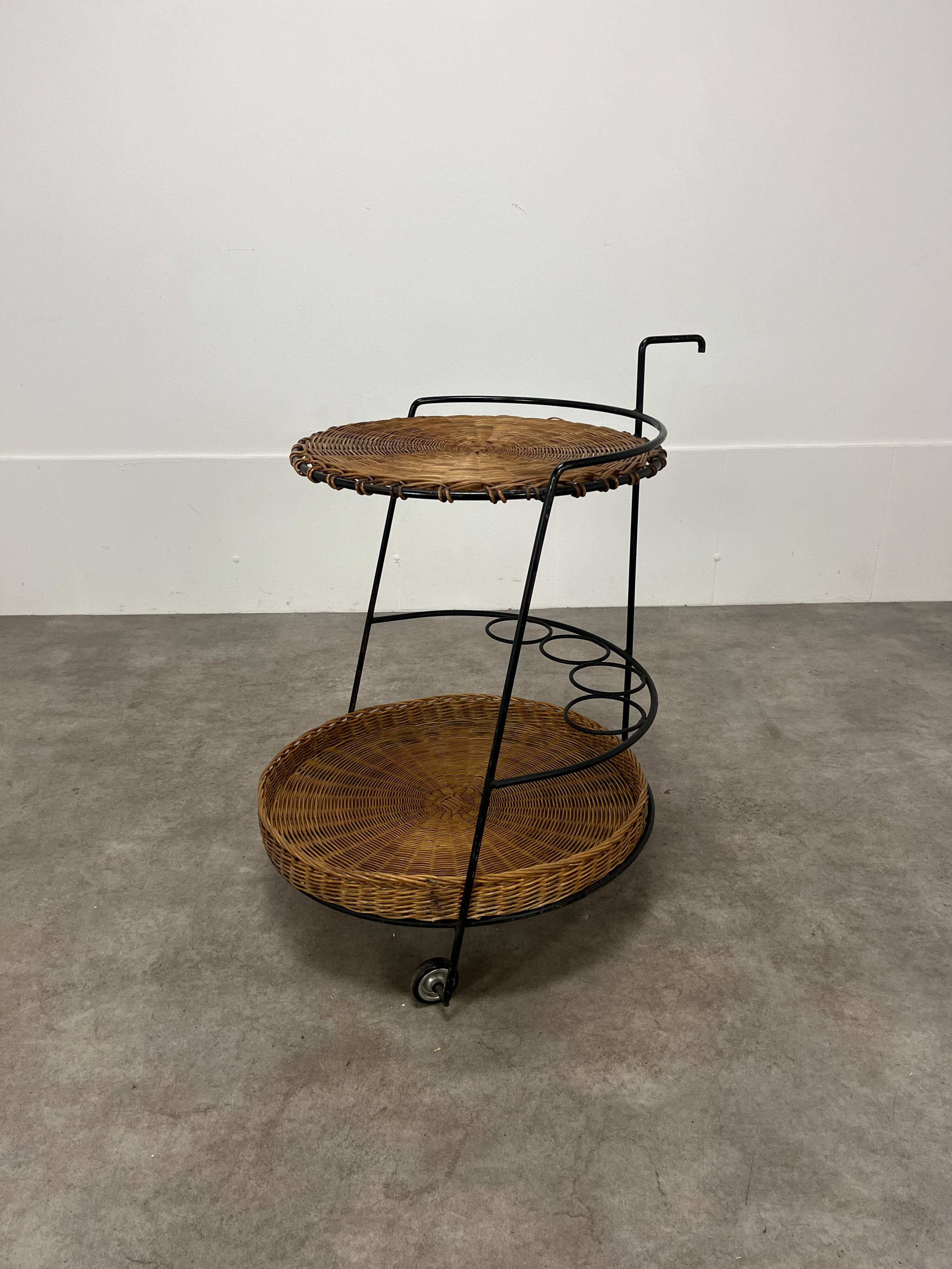 Raoul Guys style metal and rattan serving trolley from the 50s