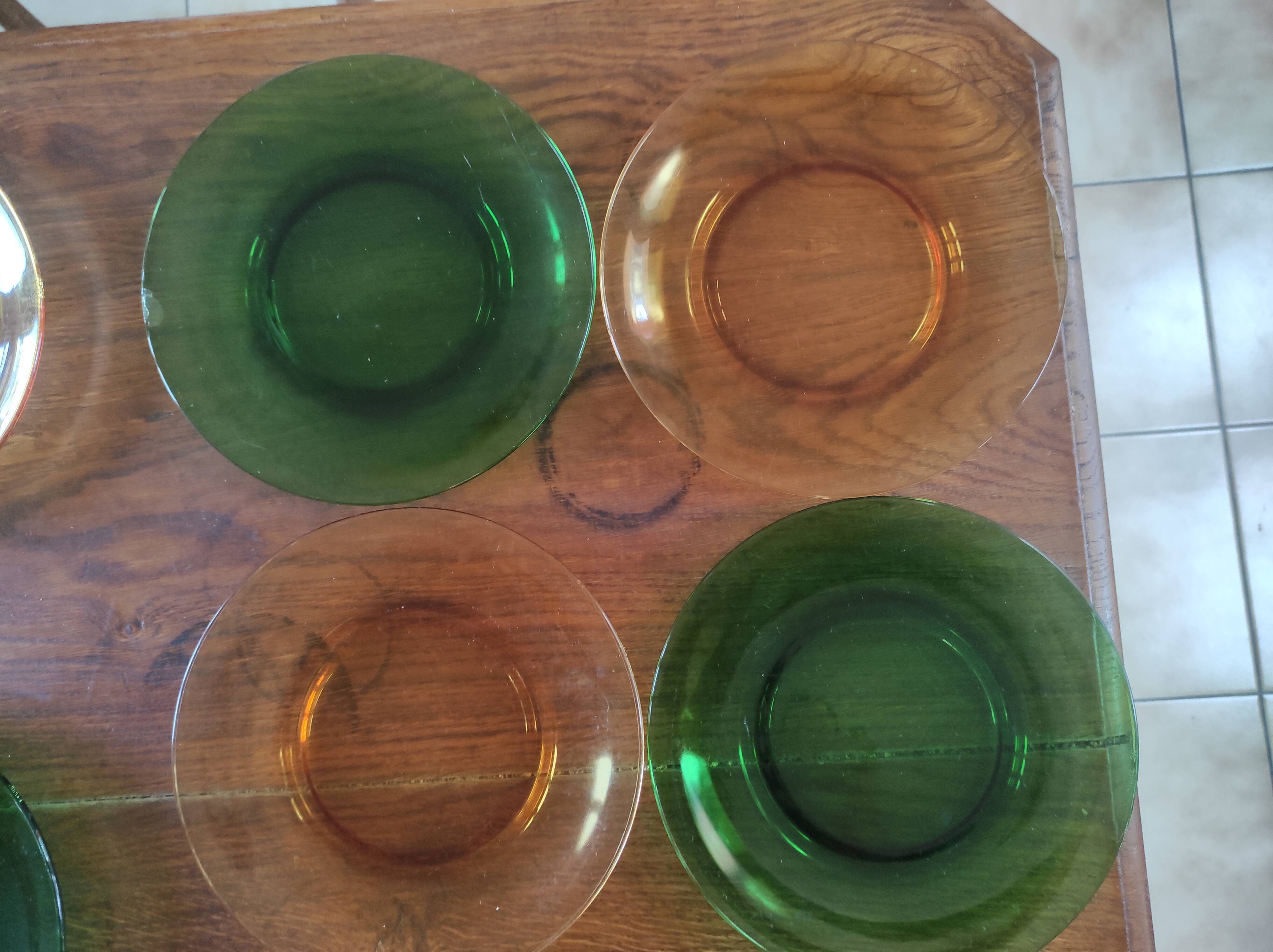 Set of 10 vintage Arcopal glass dessert plates green and orange