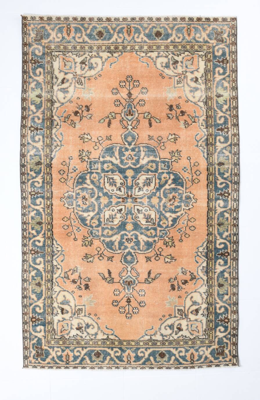 Vintage Peach Oriental Rug, Faded Petrol Blue Border, Soft Handmade Carpet