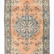 Vintage Peach Oriental Rug, Faded Petrol Blue Border, Soft Handmade Carpet