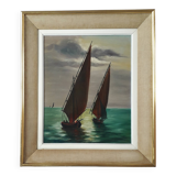 Tableau ancien à l'huile représentant une scène marine