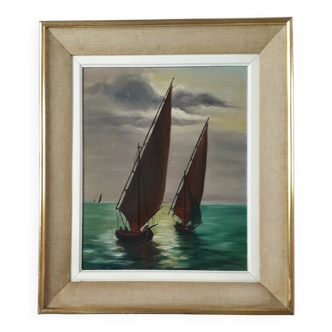 Tableau ancien à l'huile représentant une scène marine