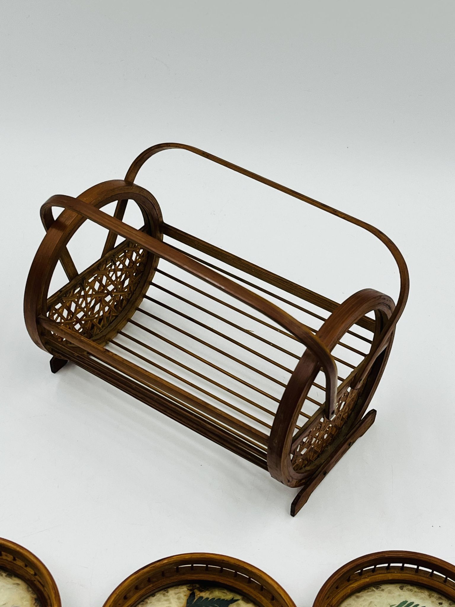 Vintage wooden coaster holder with 6 butterfly coasters.
