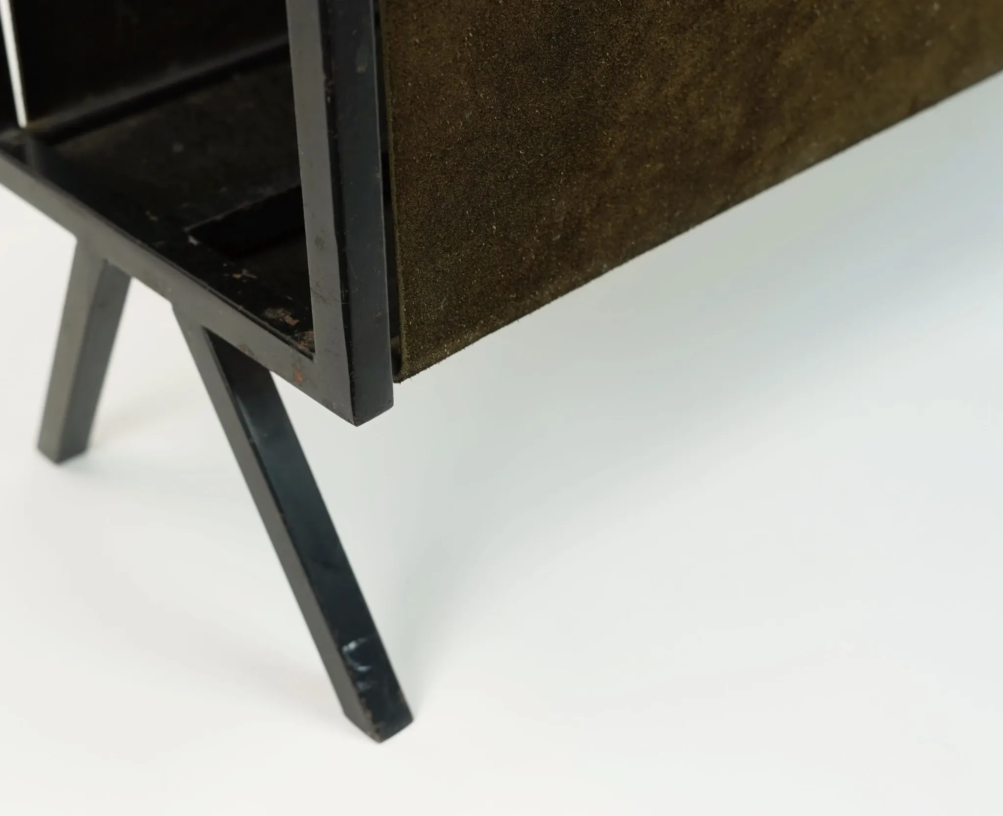 1960s mid century MAGAZINE RACK newspaper holder brown suede metal teakwood