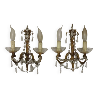 Pair of French Empire Bronze Wall Lights with Glass Bobeches, Crystal Swags and Drops