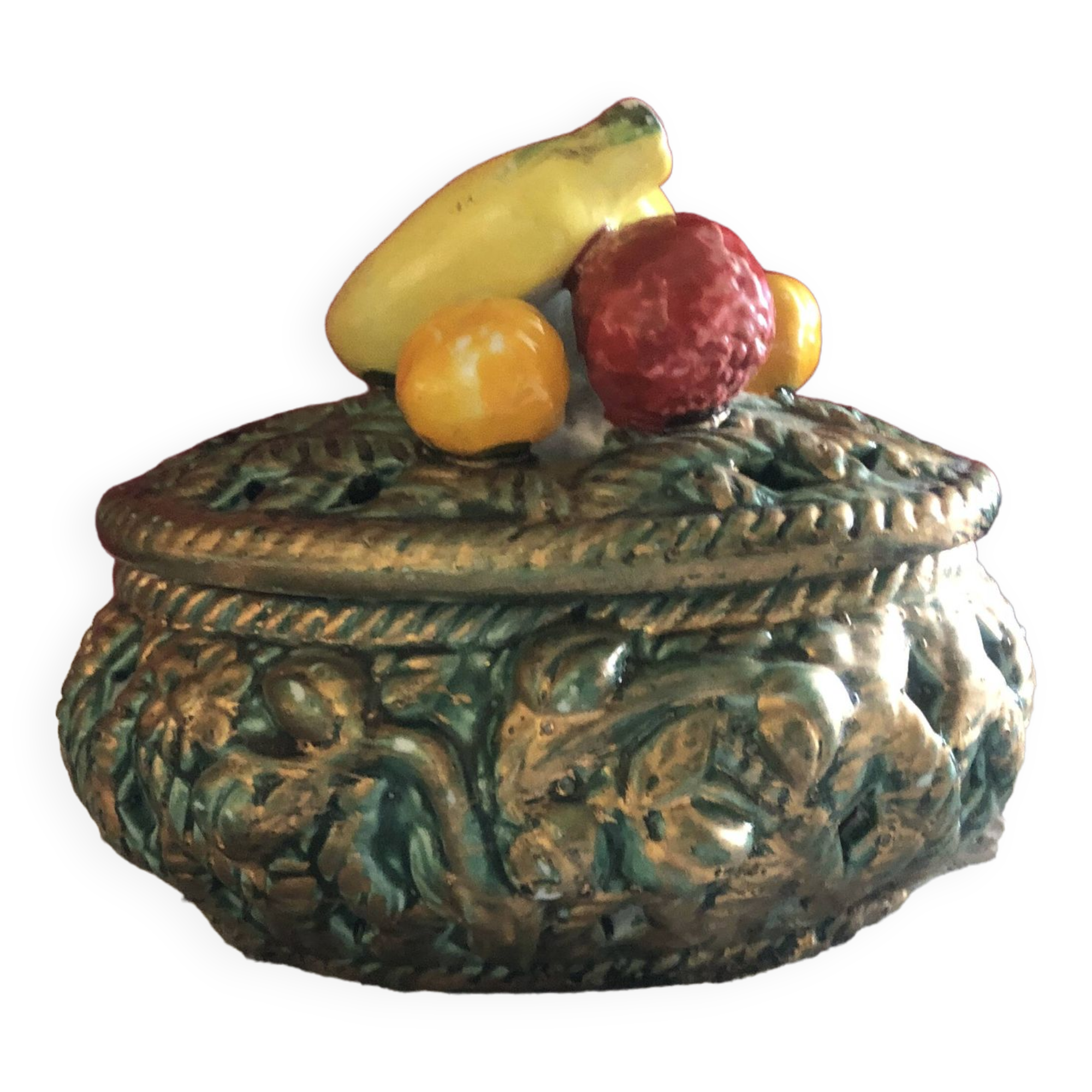 Openwork earthenware candy box with fruit slip