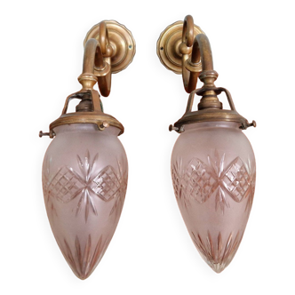 Pair of bronze wall sconces and crystal globes, early 20th century