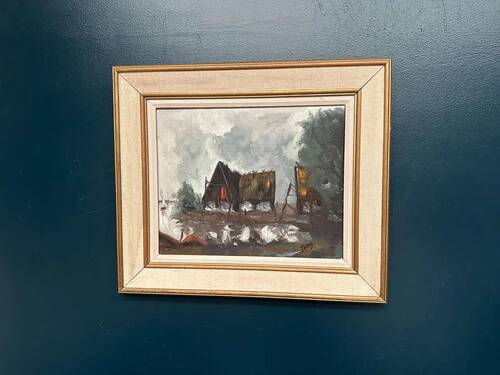 Original Swedish Oil on Panel – “Cabin by the Water” by Jeams – Signed