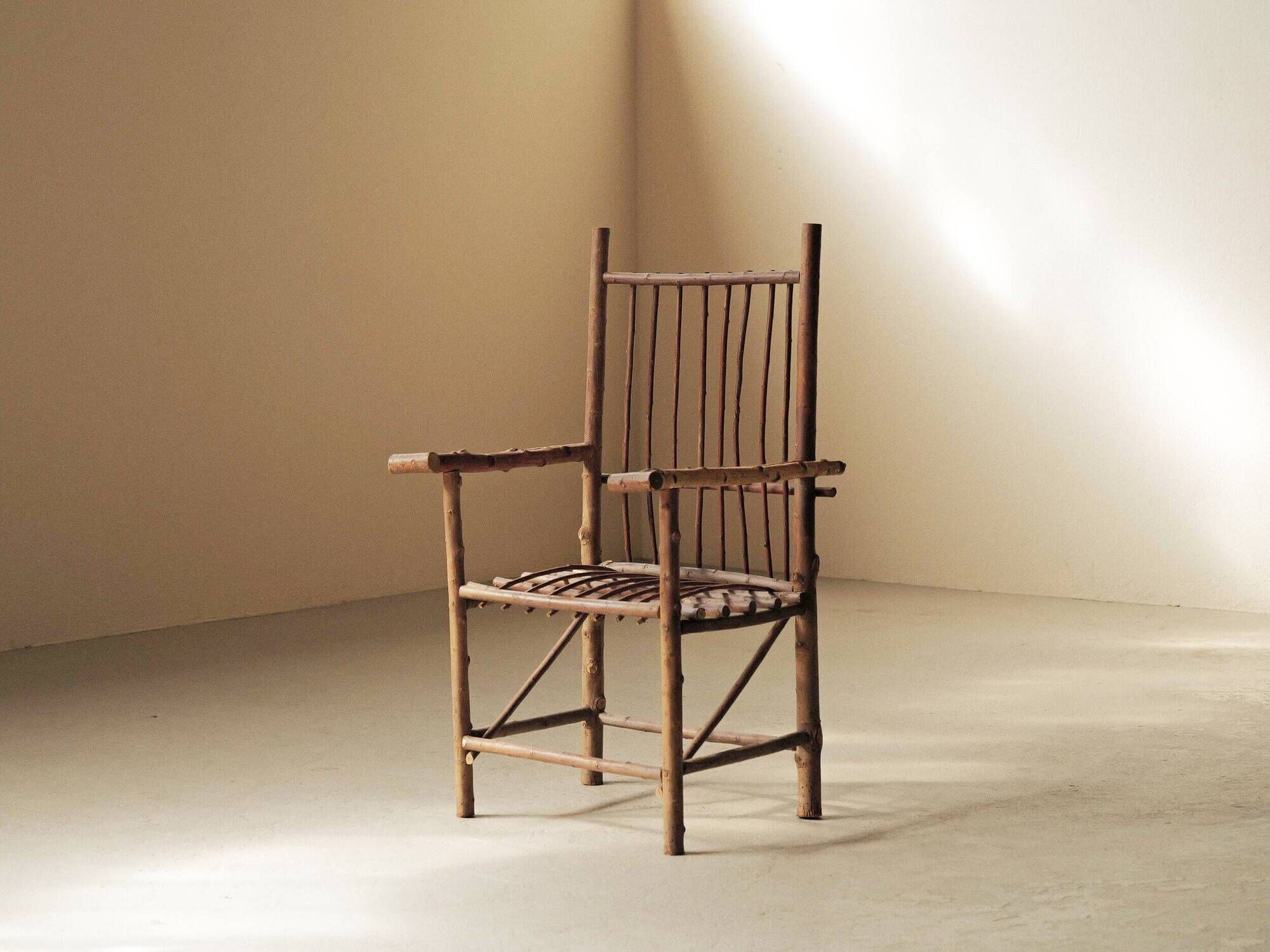 Brutalist armchair made of hazel branches, circa 1970.