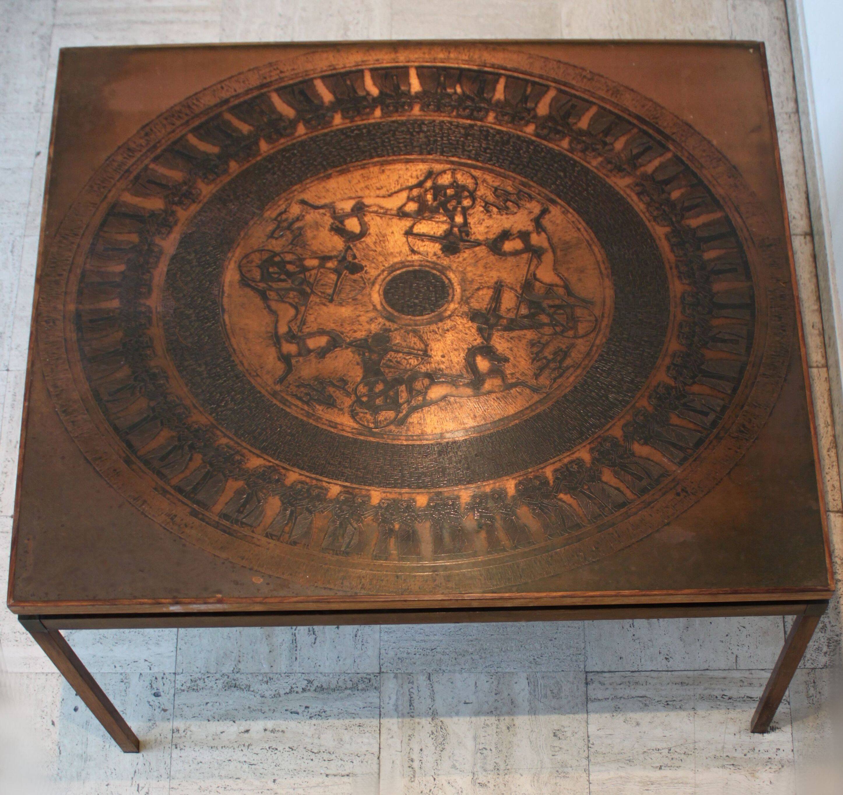 Mid-century copper and wood coffee table, Vad Trevarefrikk, Norway, 1960s.