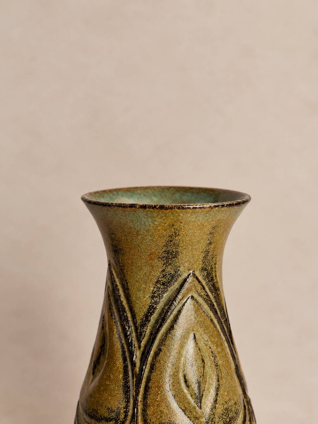 Khaki stoneware vase, wabi-sabi style, brutalist vintage ceramics.