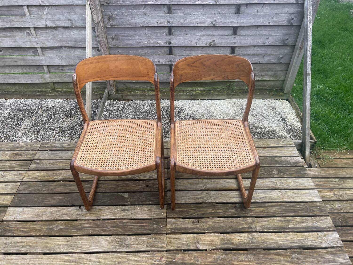 4 magnificent Baumann sled chairs, with caning.